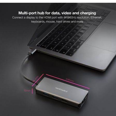 Nano Cable 10.16.1009 - Hub USB-C 9 en 1 Docking Station, 3xUSB 3.0/2xHDMI 4K@30Hz/RJ45 Gigabit/Lector SD-TF/USB-C PD 100W, Aluminio Gris 15 cm